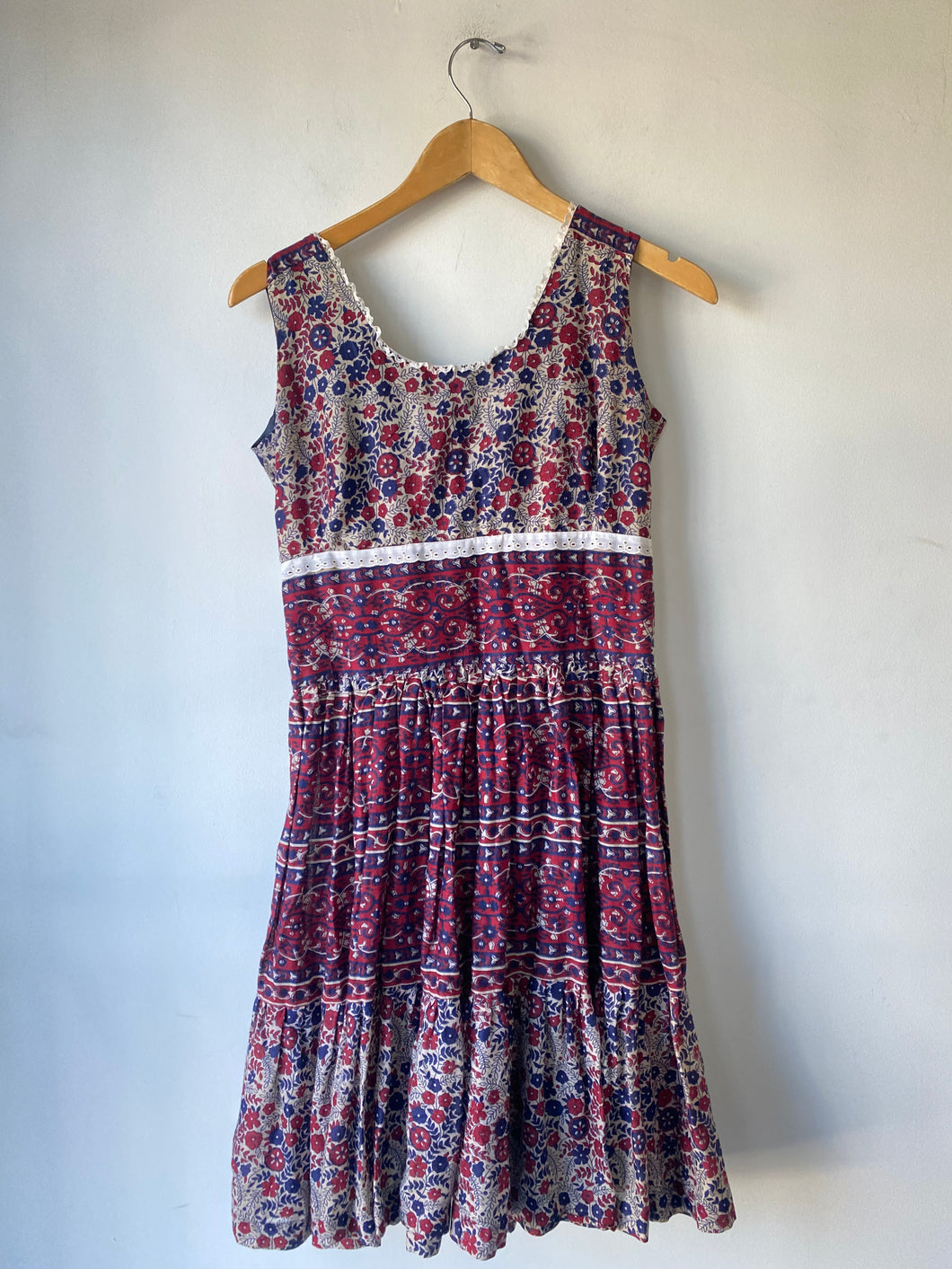 Vintage Blue and Maroon Block Print Floral Dress