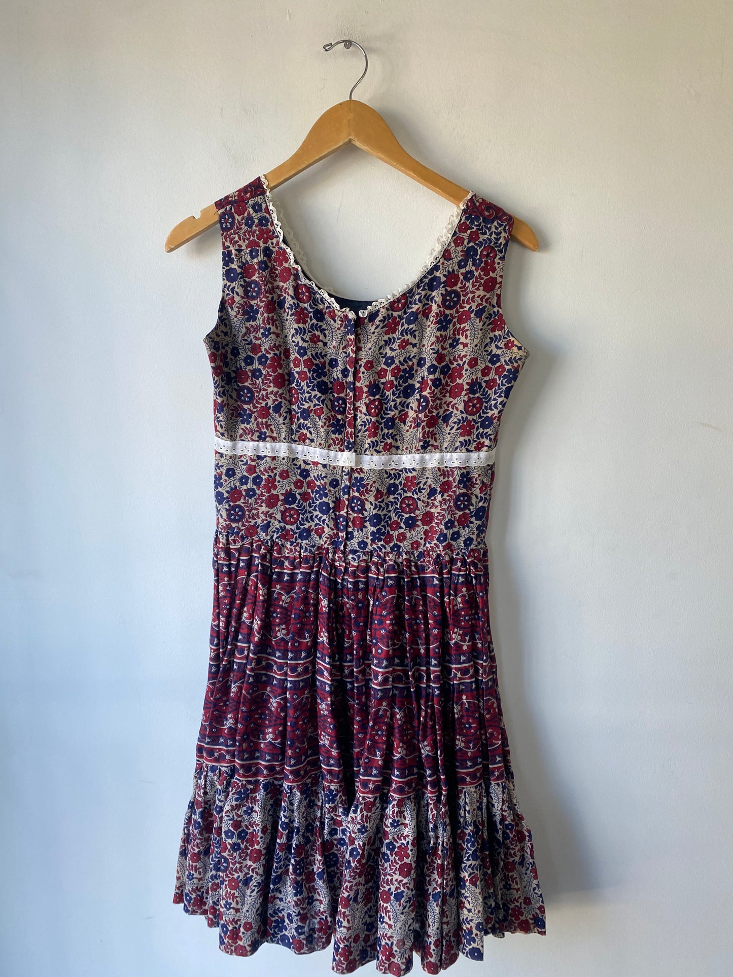 Vintage Blue and Maroon Block Print Floral Dress - The Curatorial Dept.