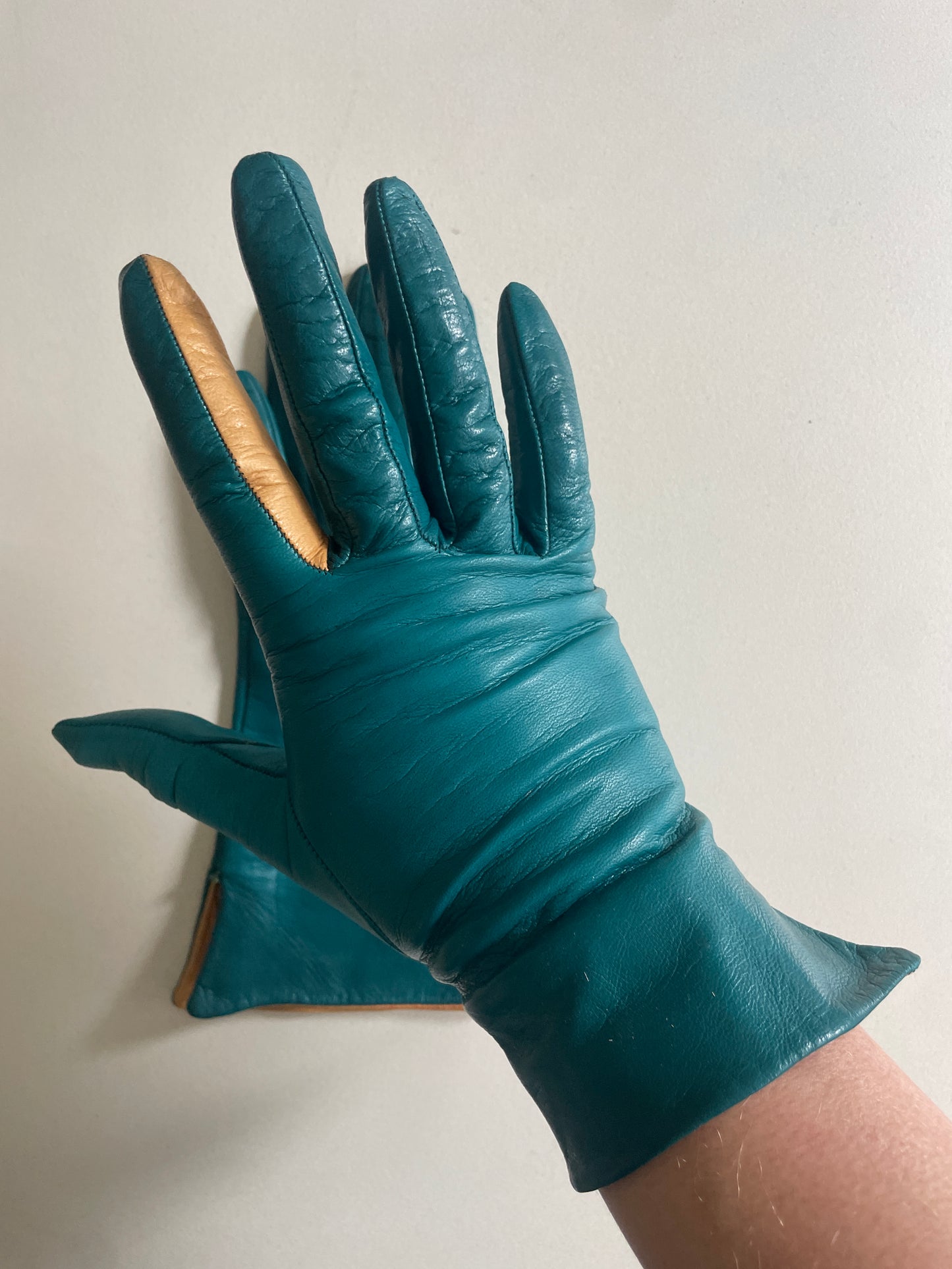 Vintage Teal and Tan Kid Leather Gloves - The Curatorial Dept.