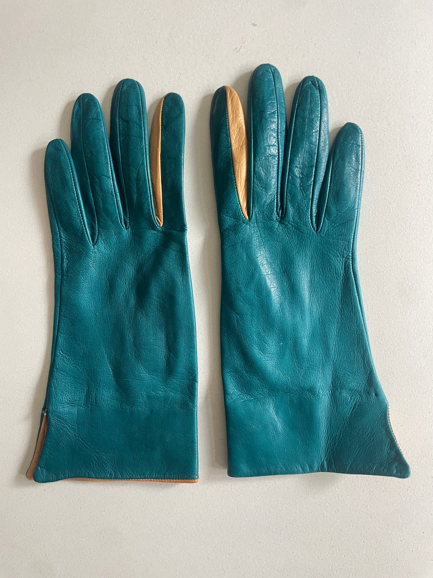 Vintage Teal and Tan Kid Leather Gloves - The Curatorial Dept.