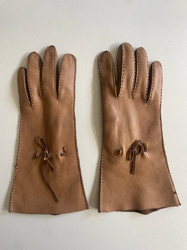 Vintage Tan with Bows Kid Leather Gloves