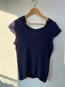 Issey Miyake Navy Blue Top with Lace Collar - The Curatorial Dept.