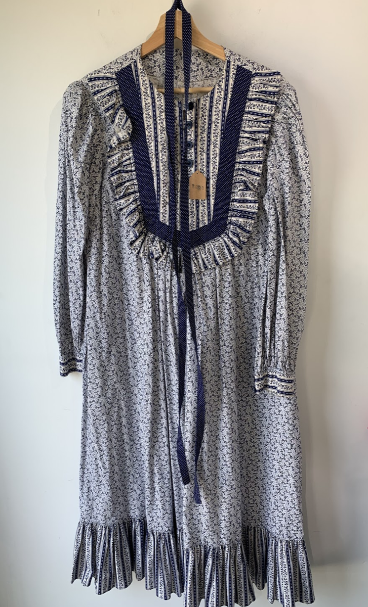 Blue and White Prairie Dress with Bib - The Curatorial Dept.