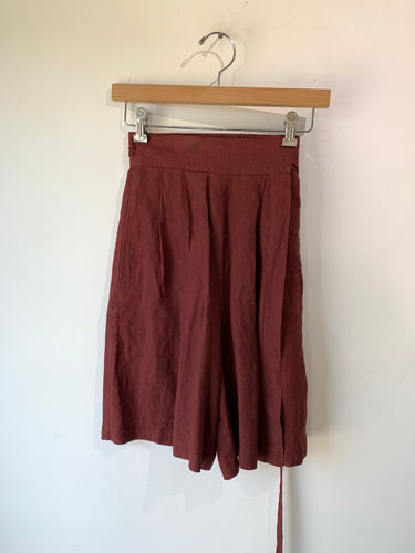 Dries Van Noten Maroon Linen Wrap Shorts - The Curatorial Dept.