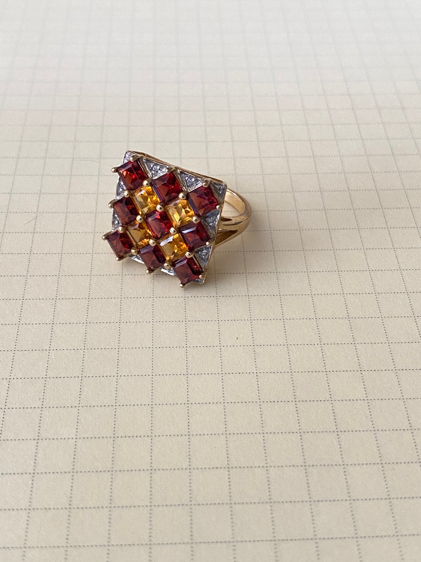 Vintage 10K Gold Cocktail Ring Checkerboard Citrine and Garnet - The Curatorial Dept.