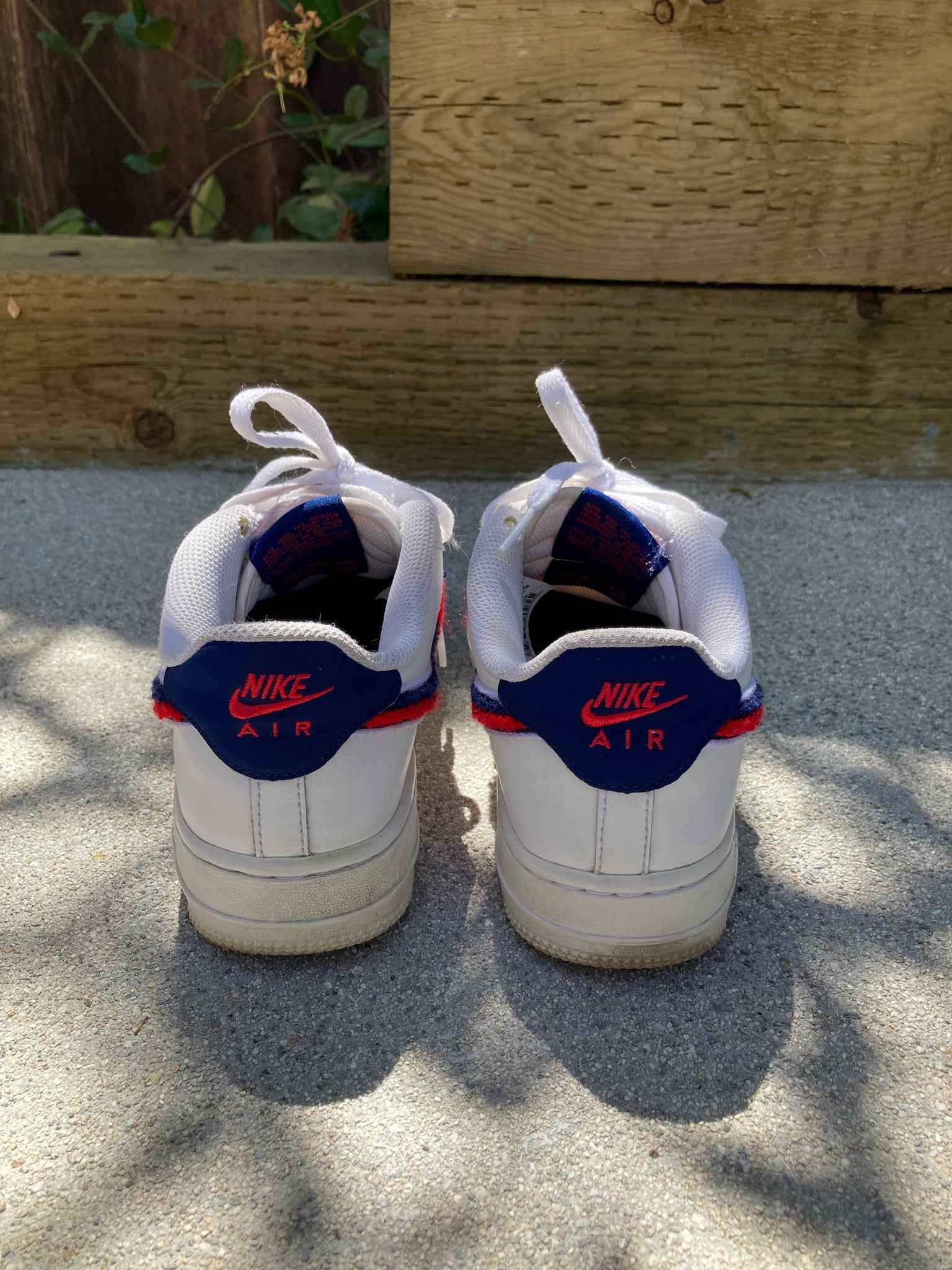 White Nike Air Force 1 with Red and Blue Chenille Swoosh Size 6.5 Women s