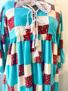 Farewell Francis Camilla Patchwork Dress - Aqua and Red - The Curatorial Dept.