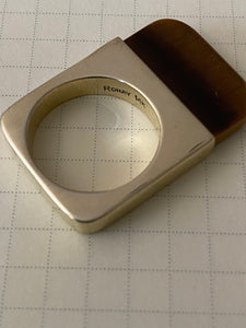 Modernist 14K Gold Square Ring with Tiger Eye Stamped Ronay - The Curatorial Dept.