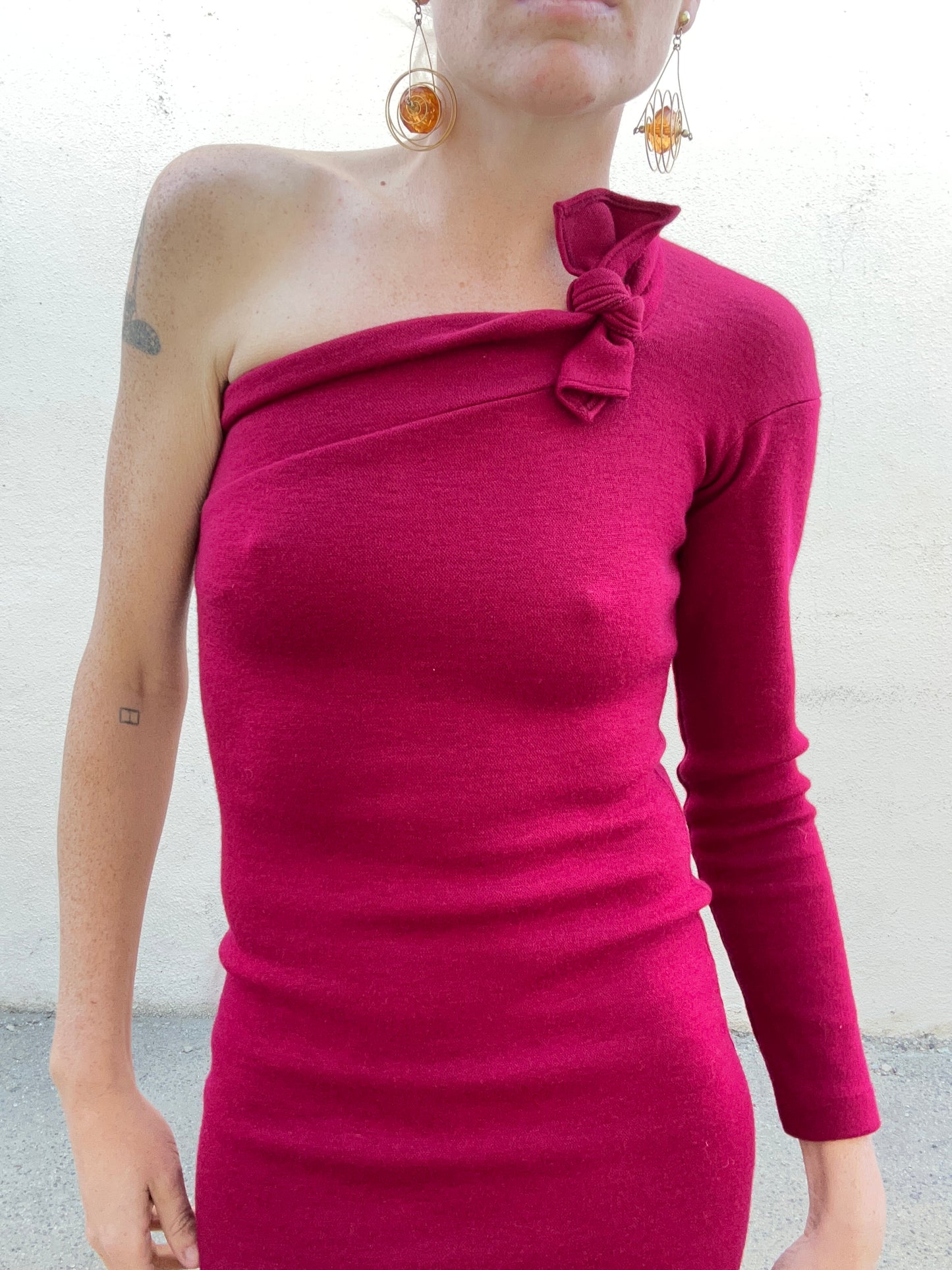 Vintage Romeo Gigli Asymmetrical Rouge Wool Bodycon Dress - The Curatorial Dept.
