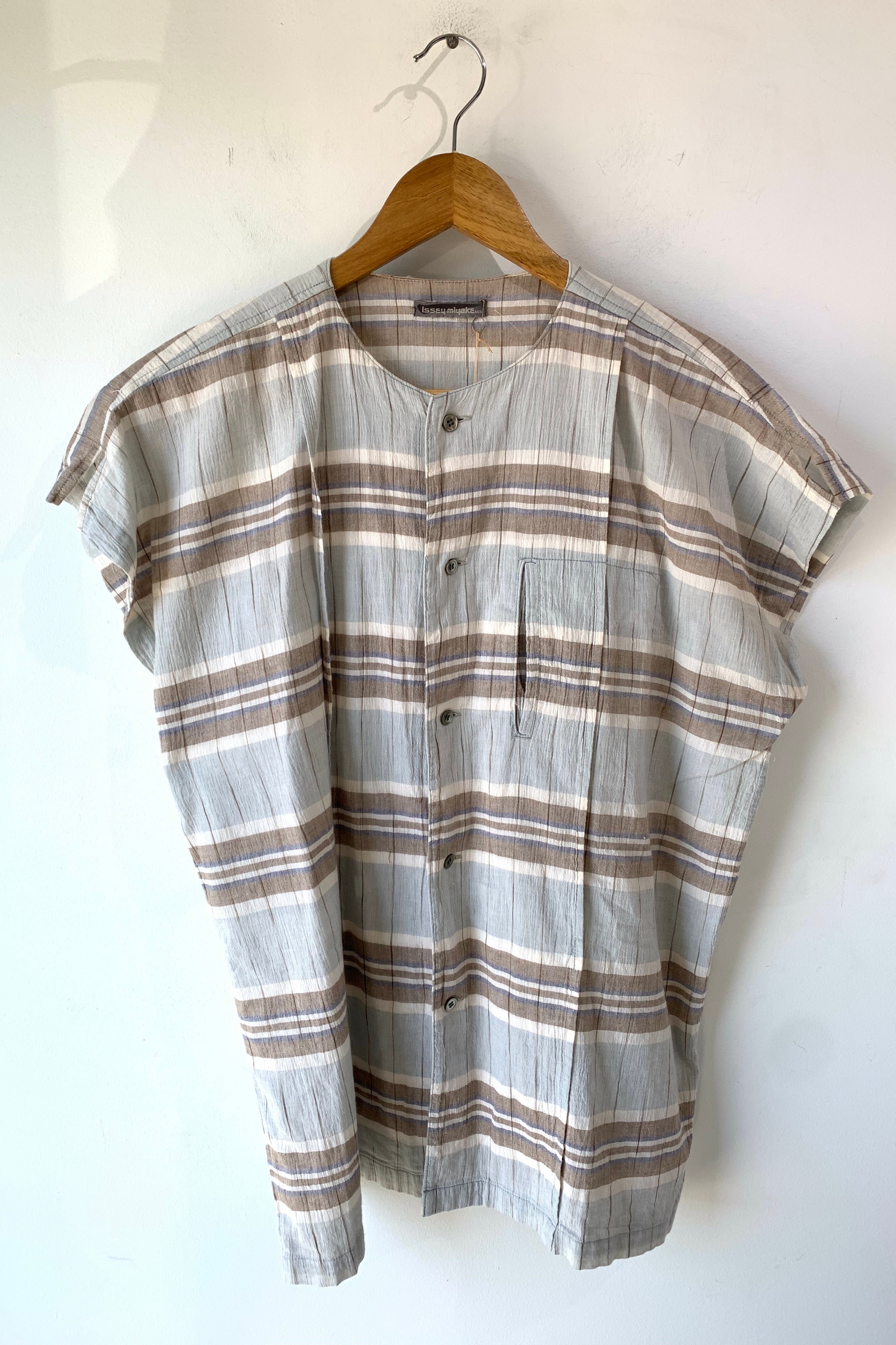 Vintage Issey Miyake Men Grey, Blue, and Brown Striped Top – The