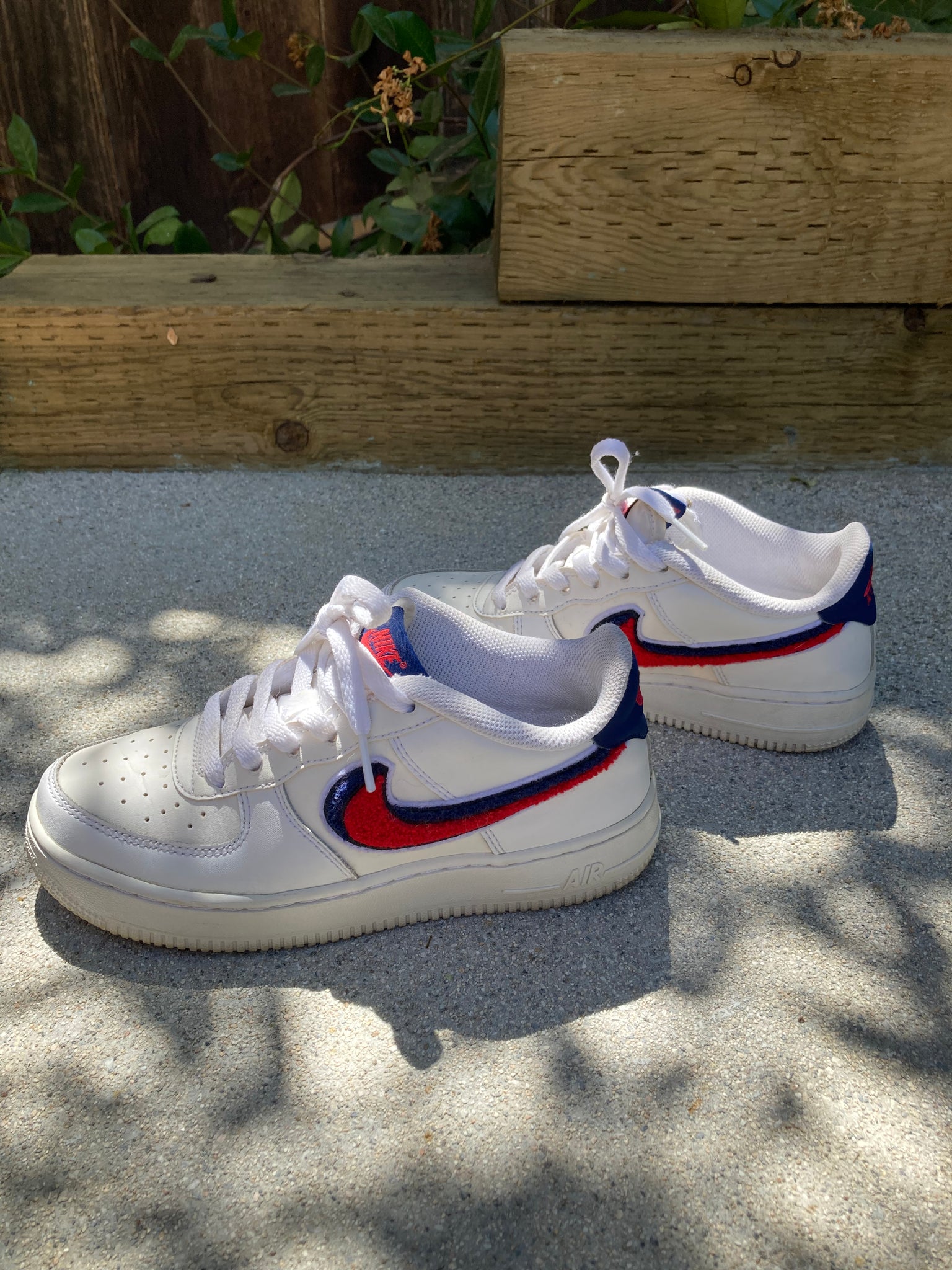 White Nike Air Force 1 with Red and Blue Chenille Swoosh size 6.5 Wo The Curatorial Dept