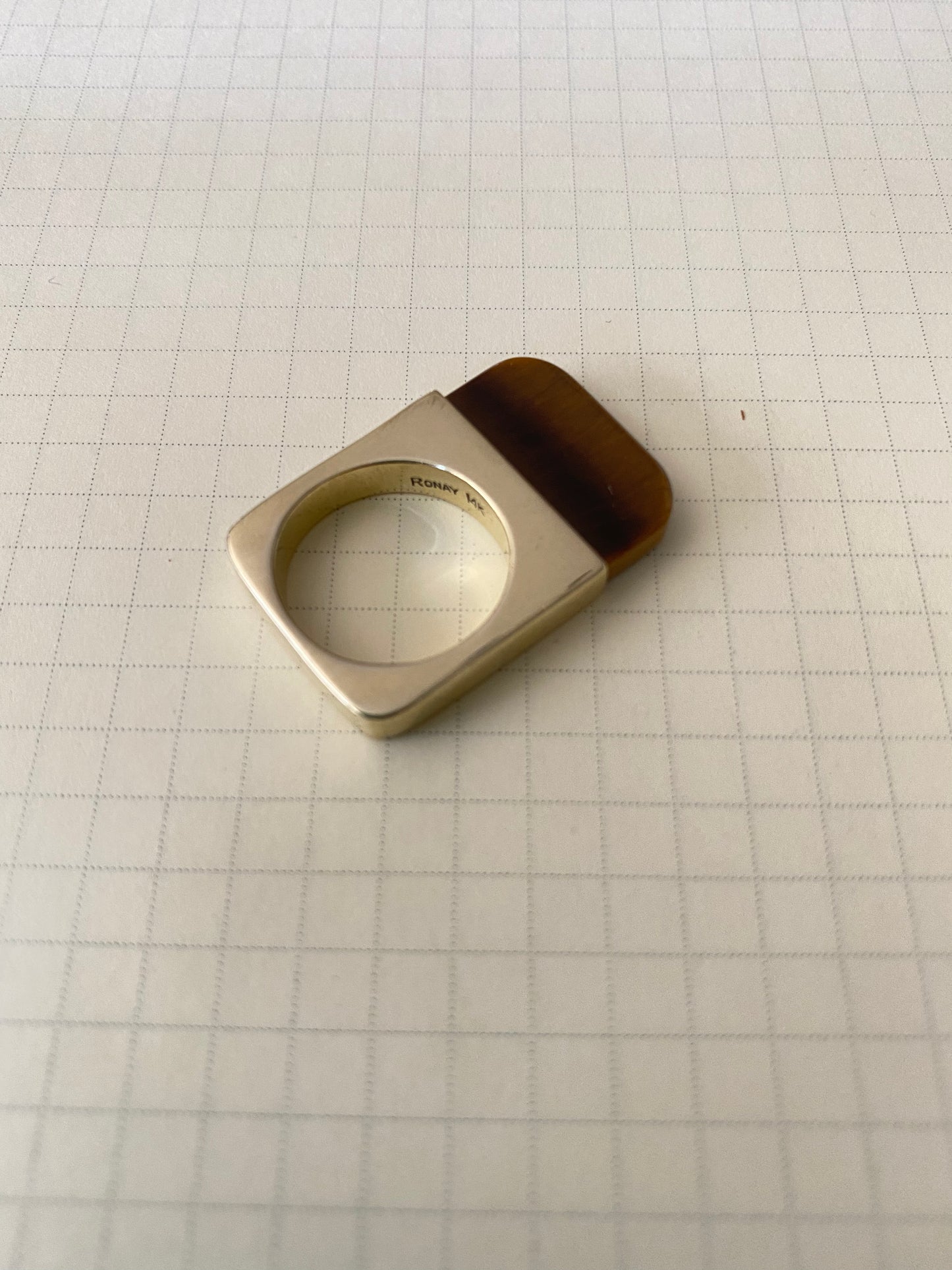 Modernist 14K Gold Square Ring with Tiger Eye Stamped Ronay - The Curatorial Dept.