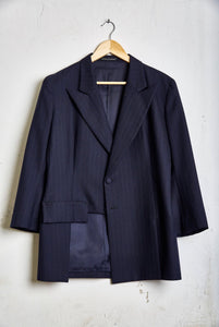 Yohji Yamamoto Navy Wool Pinstriped Jacket with Cutout - The Curatorial Dept.
